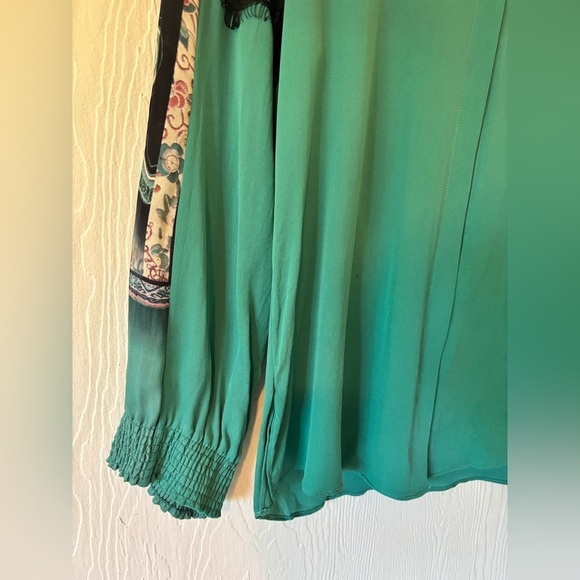 Vintage Kobi Halperin Black Lace Accents Teal Silk Button V Neck Shirt Blouse - Picture 13 of 15